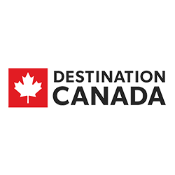 Logo von Destination Canada mit Ahornblatt und Schriftzug.