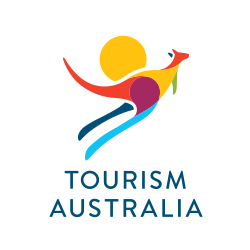 Buntes Logo von Tourism Australia mit Känguru und Sonne.